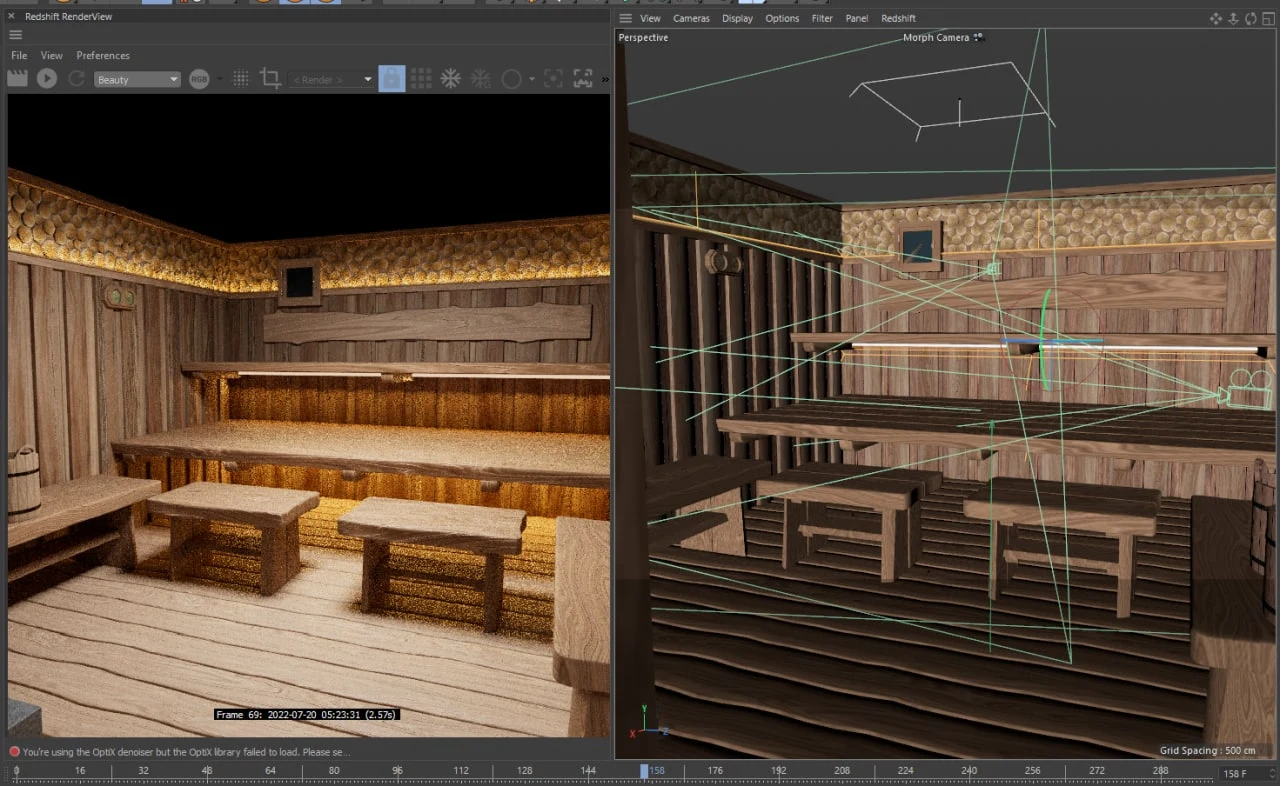 Рабочая 3D-сцена бани: результат рендера слева и камеры в редакторе справа